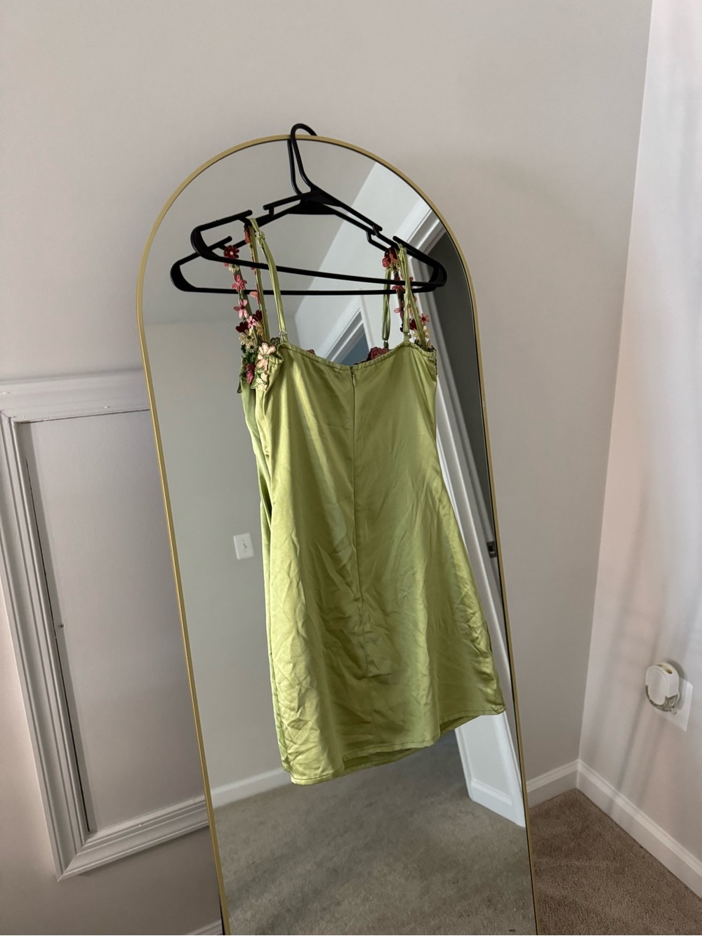 Princess Polly Green Satin Slip Dress with Floral Embroidered Straps - Picture 4 of 4